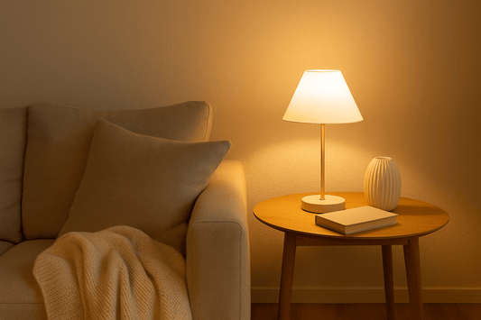 Nordisk indretning med opladelig lampe i stue – hyggebelysning