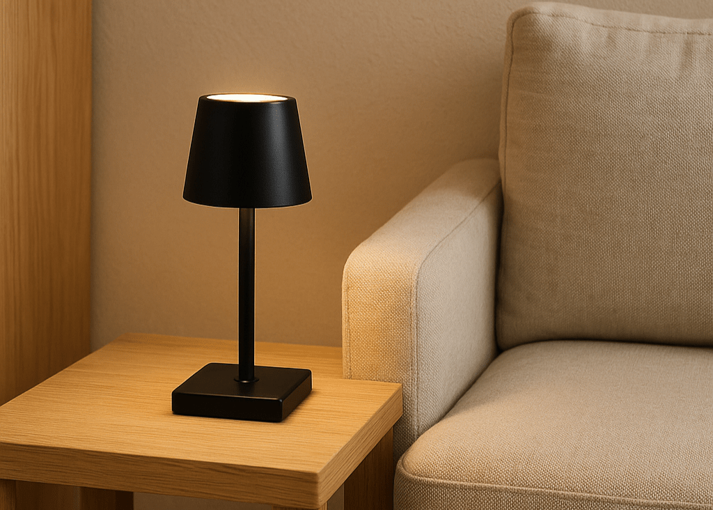 Sort opladelig bordlampe på egetræsbord ved beige sofa – et eksempel på hyggelig belysning i nordisk indretning