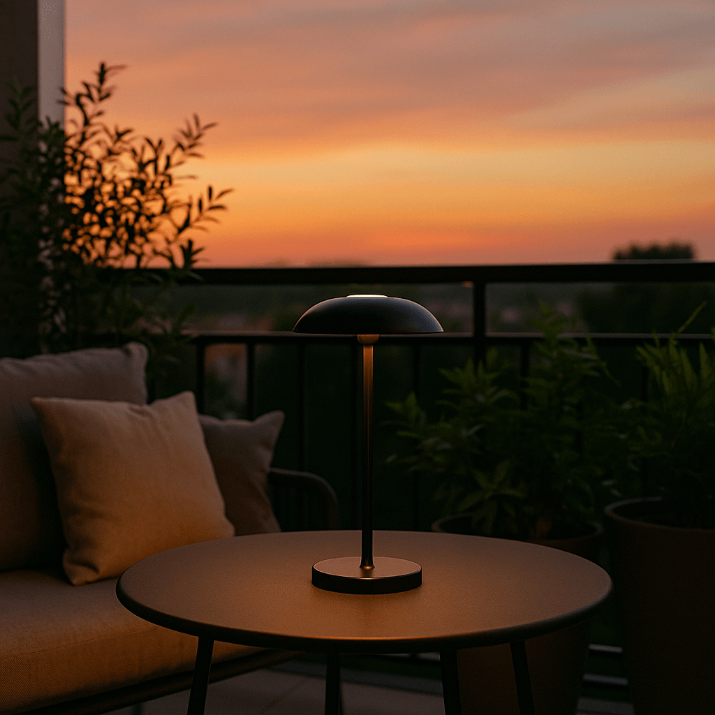 Luna opladelig bordlampe i sort placeret på altanbord i aftensol, omgivet af planter og puder – ideel til udendørs brug.