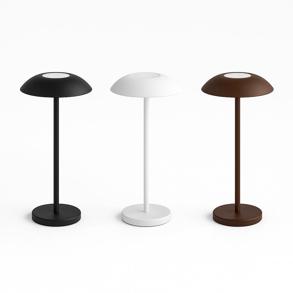 Luna opladelige bordlamper i tre farver – sort, hvid og brun – stilrent nordisk design med touch-dæmpning.