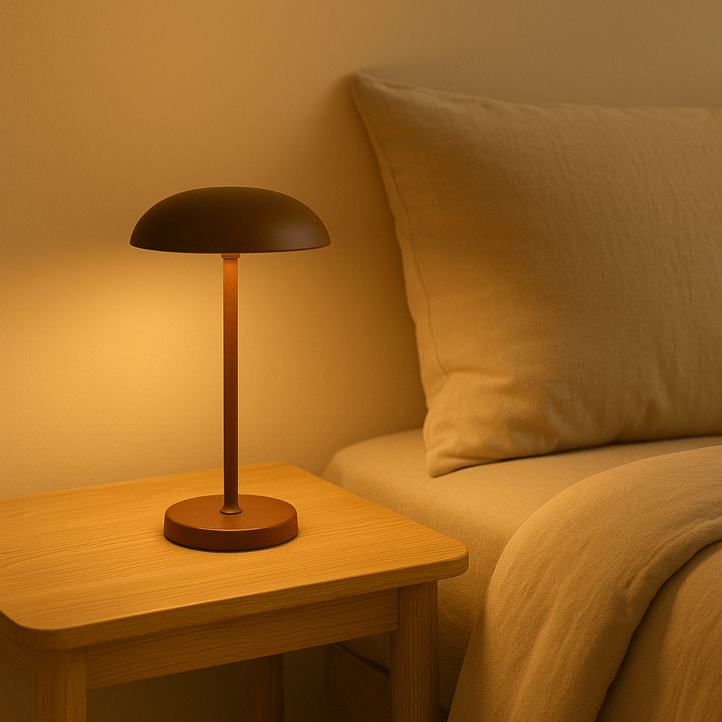 Brun Luna bordlampe på trænatbord ved siden af seng med beige tekstiler – skaber rolig stemning.