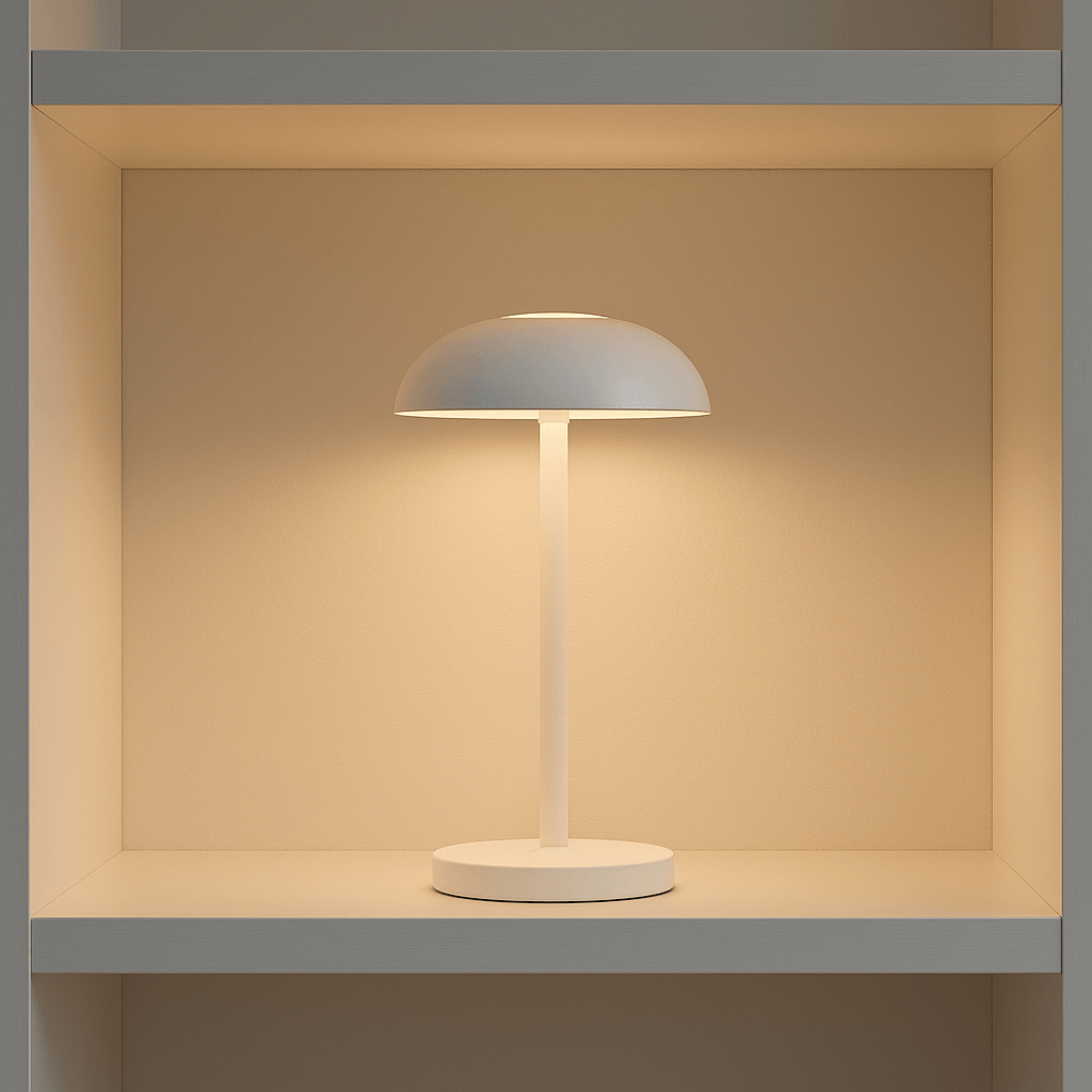 Hvid Luna lampe placeret i reol med lys – minimalistisk og nordisk belysning i stilrent hjem.
