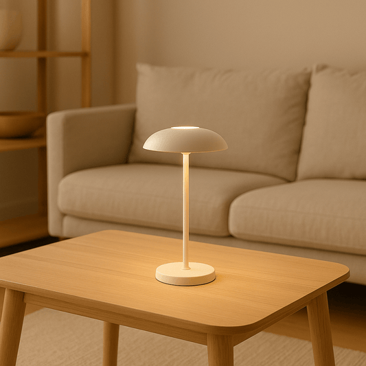 Luna bordlampe i hvid version på sofabord i nordisk stue med lyse træmøbler og hyggelig belysning.