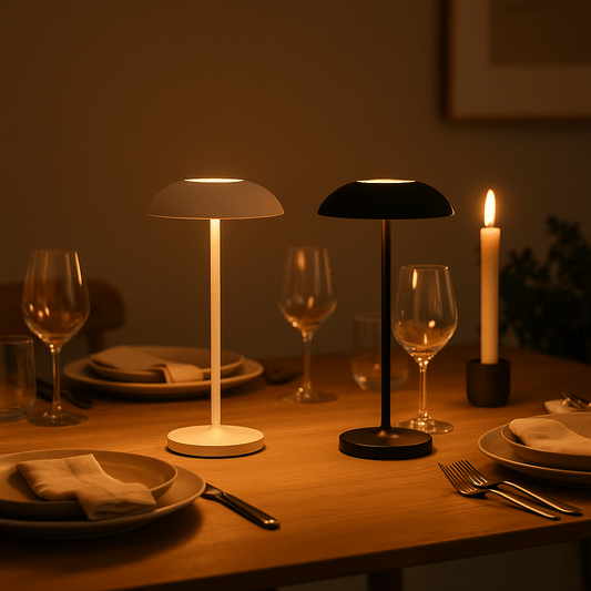 To Luna lamper i sort og hvid placeret på hyggeligt spisebord dækket til middag – perfekt stemningslys.