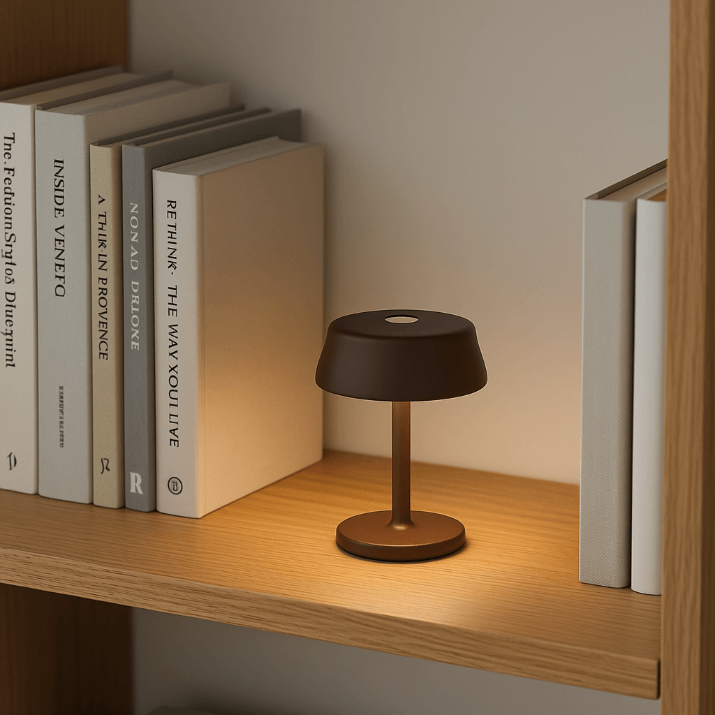 Luna Mini lampe i brun farve på træreol med bøger og interiør