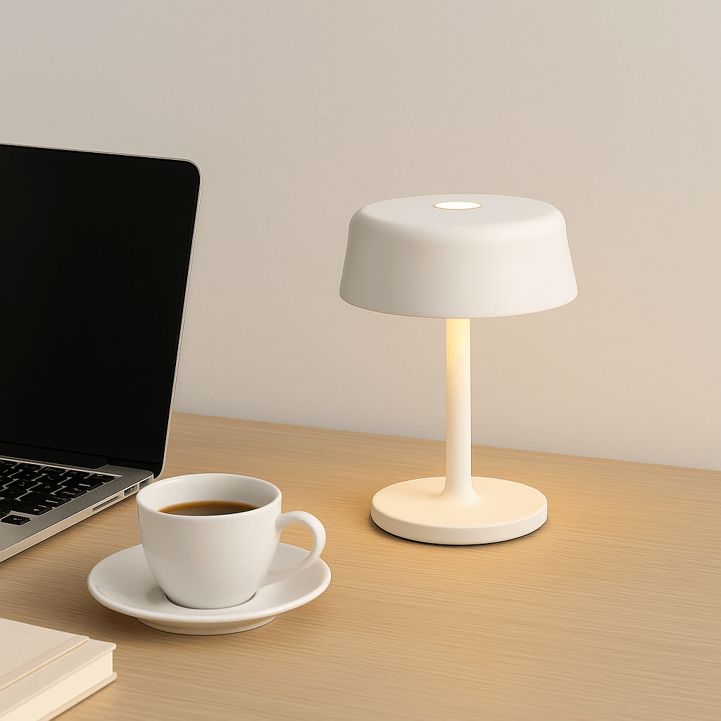 Luna Mini lampe i hvid på kontorbord ved siden af laptop og kaffekop