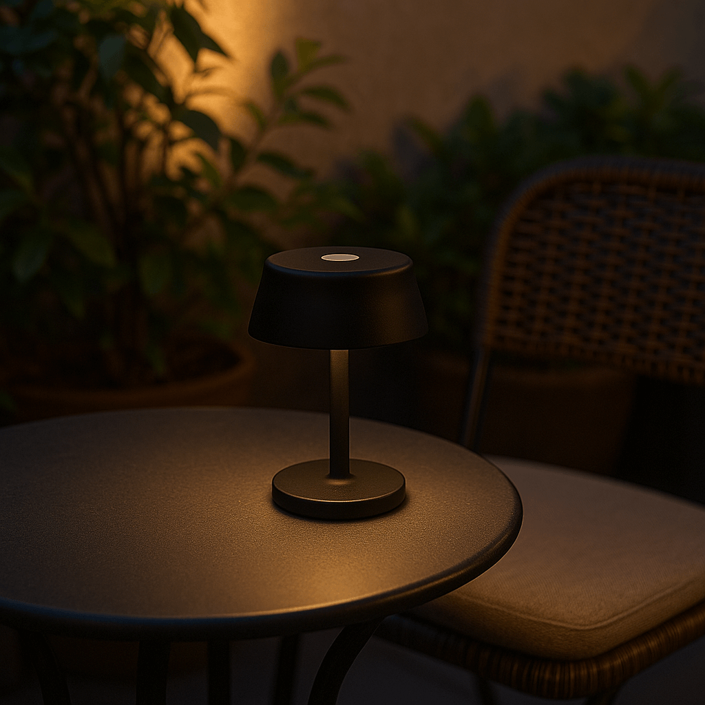 Sort Luna Mini lampe på altanbord om aftenen med hyggelig belysning