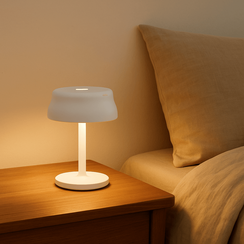 Luna Mini opladelig lampe i hvid på natbord med beige seng i nordisk soveværelse