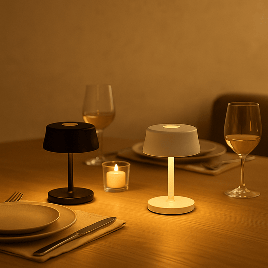 Sort og hvid Luna Mini lampe på spisebord med skandinavisk borddækning