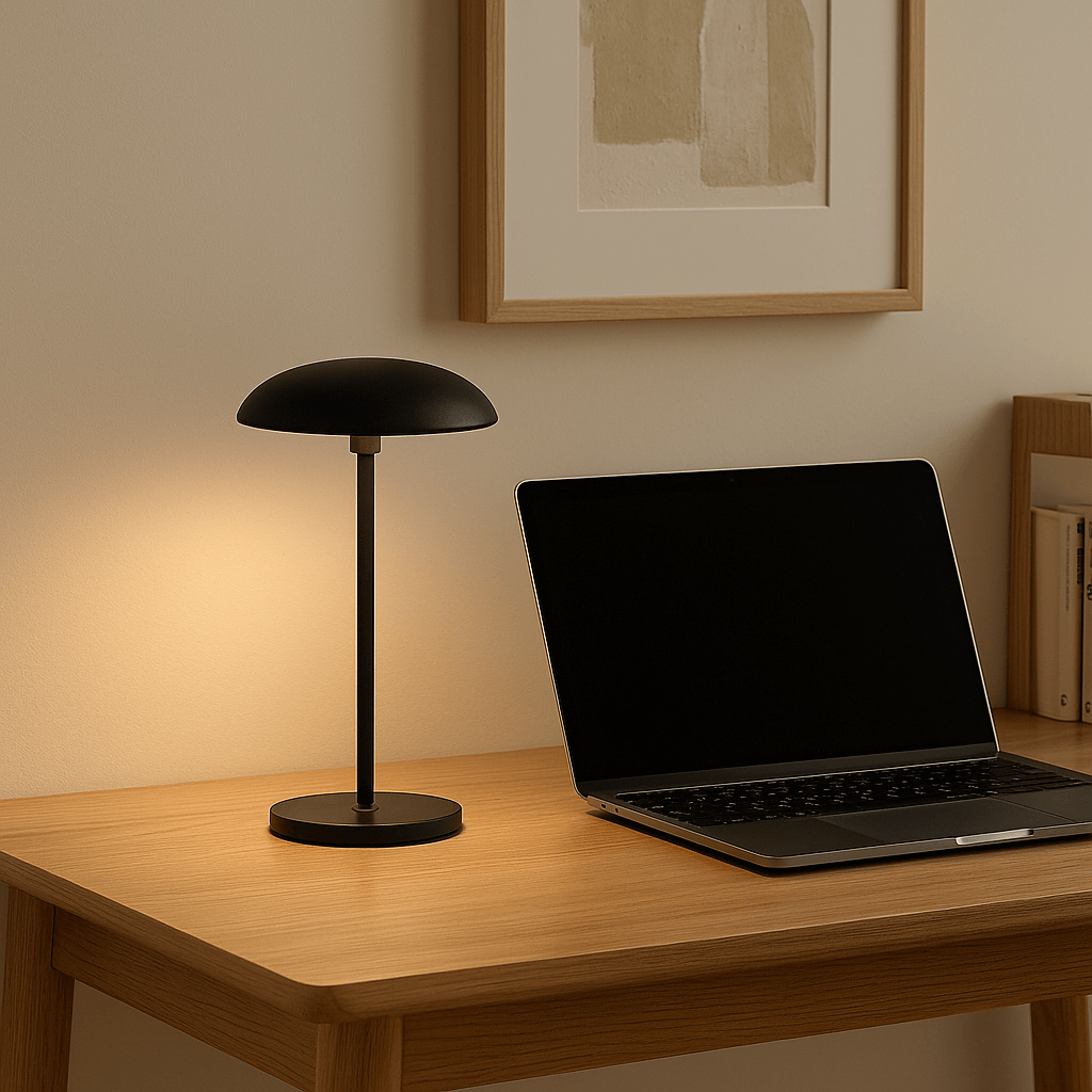 Sort Luna bordlampe på lyst skrivebord med bærbar computer, ideel til både arbejde og hyggebelysning.