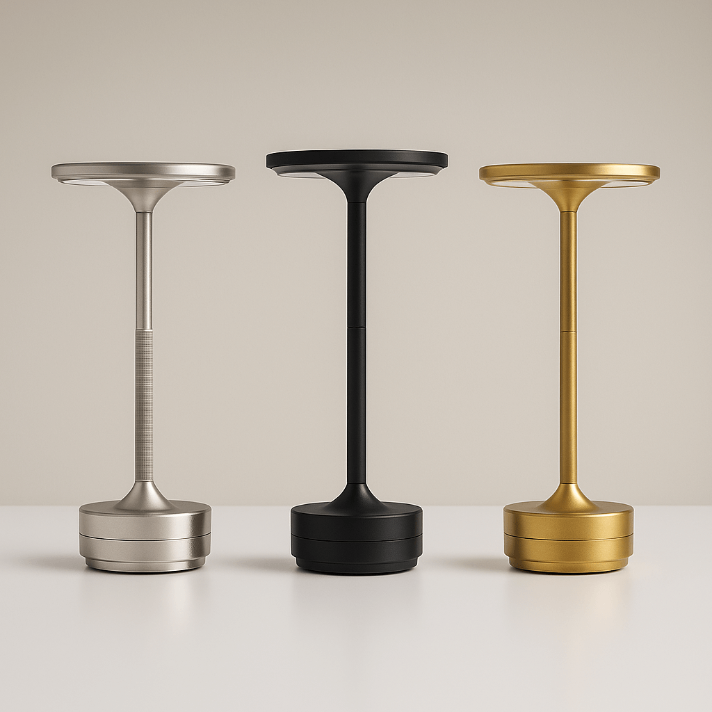 Nordika Classic bordlampe vist i sølv, sort og guld – stilrent opstillet mod neutral baggrund.