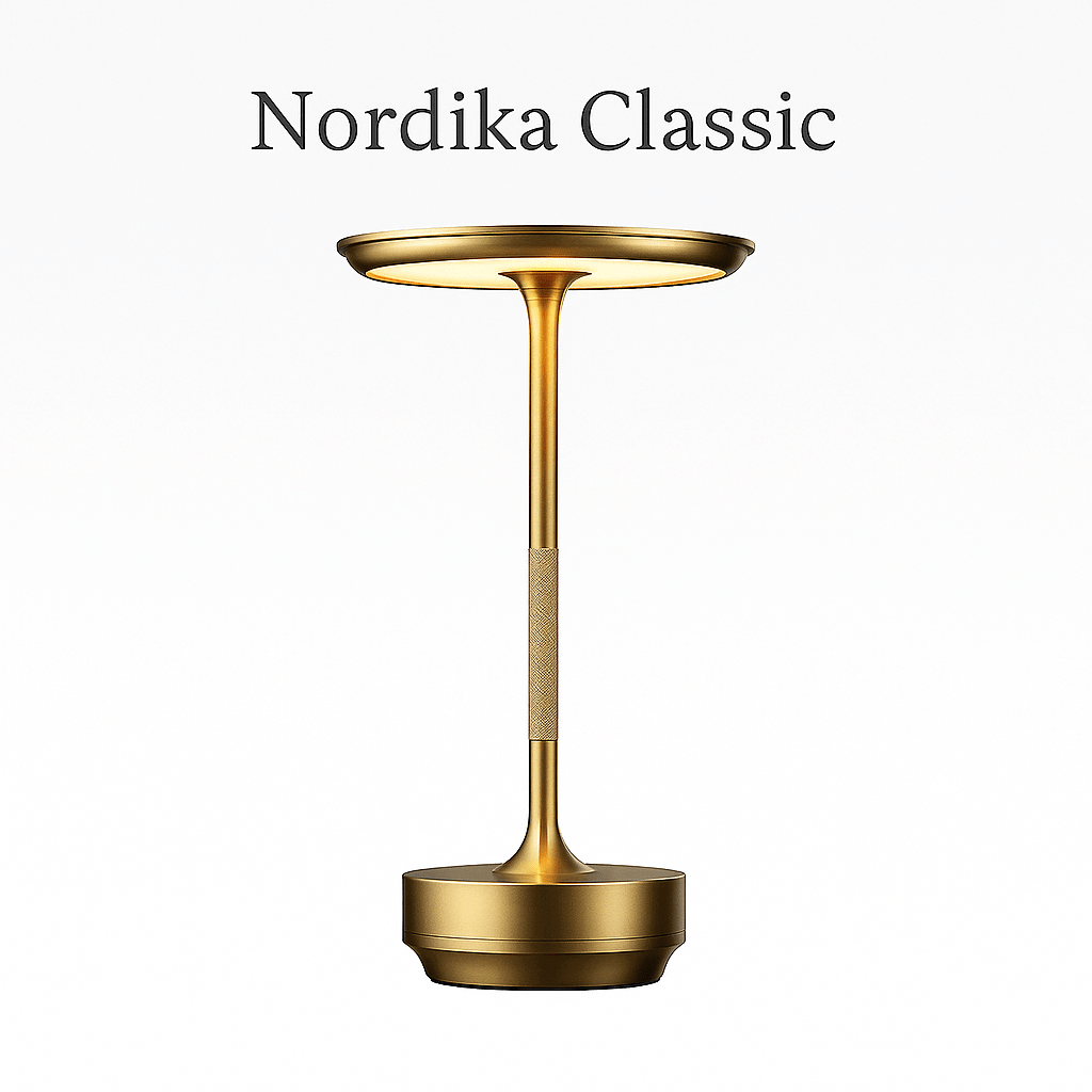 Nordika Classic bordlampe i varm guldfinish – elegant og trådløs lampe i eksklusivt design, præsenteret på hvid baggrund.