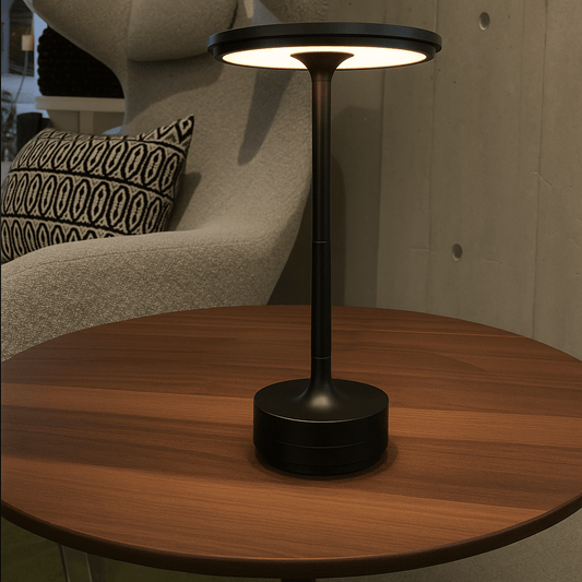 Sort Nordika Classic bordlampe placeret på et rundt træbord i en moderne loungestol med dæmpet belysning.