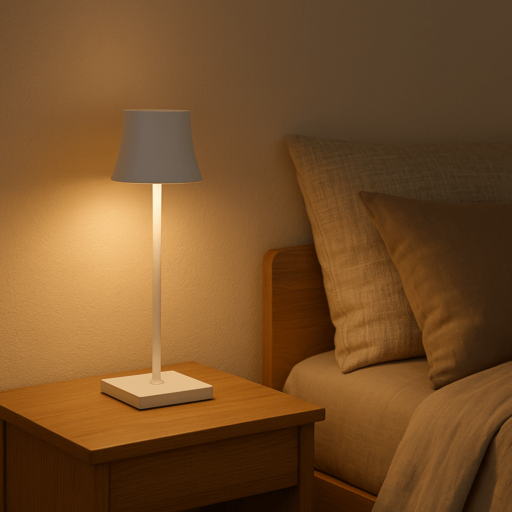 Hvid Sigtuna bordlampe på sengebord i skandinavisk soveværelse med varme toner