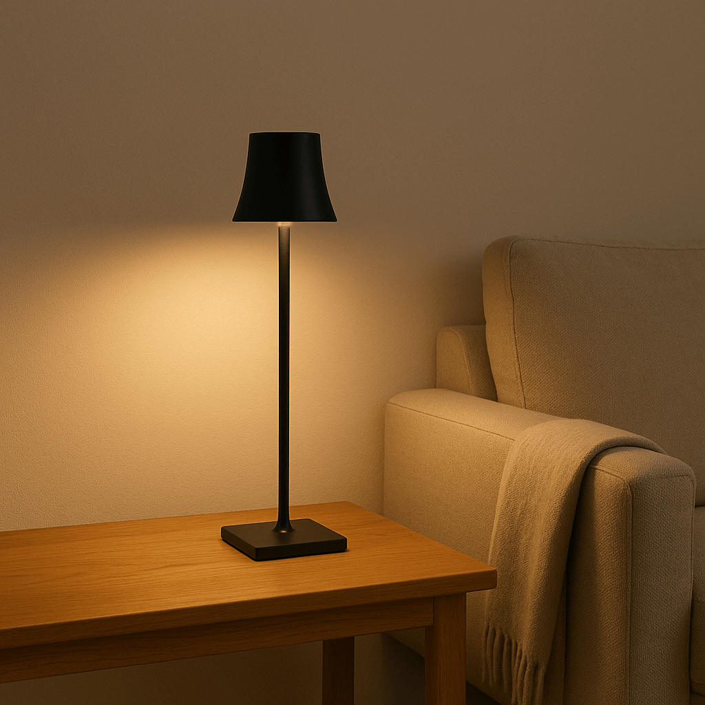 Sort Sigtuna bordlampe på egetræsbord i nordisk stue med beige vægge og hyggebelysning