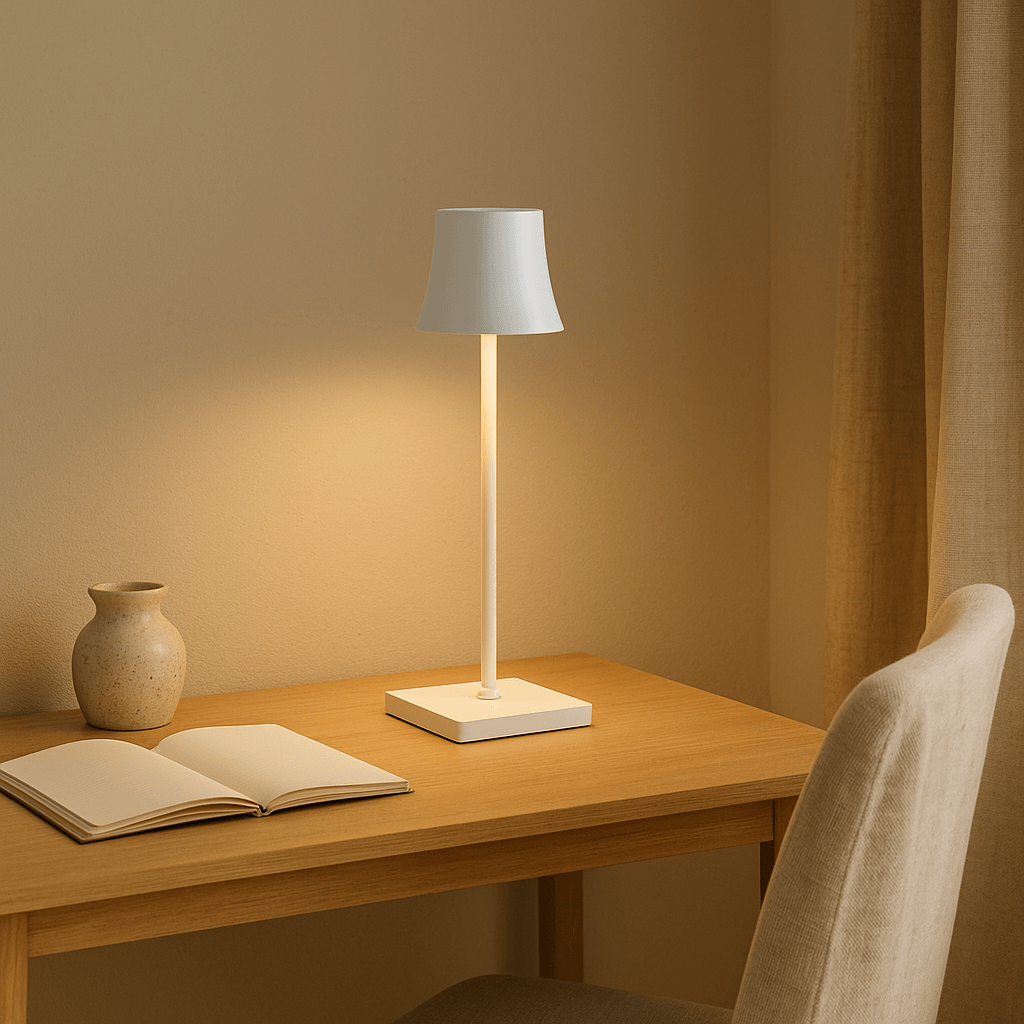 Hvid Sigtuna lampe på hjemmekontor med naturlige materialer og varm stemning