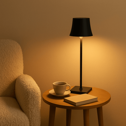 Elegant sort Sigtuna lampe i moderne entré med skandinavisk indretning og dæmpet lys