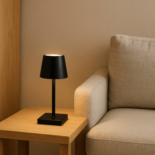 Opladelig bordlampe Sigtuna Mini i sort, skaber hygge i læsehjørne med nordisk interiør.