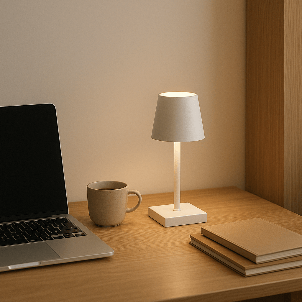 Opladelig bordlampe Sigtuna Mini i sort lyser arbejdsområdet op med behageligt varmt lys.