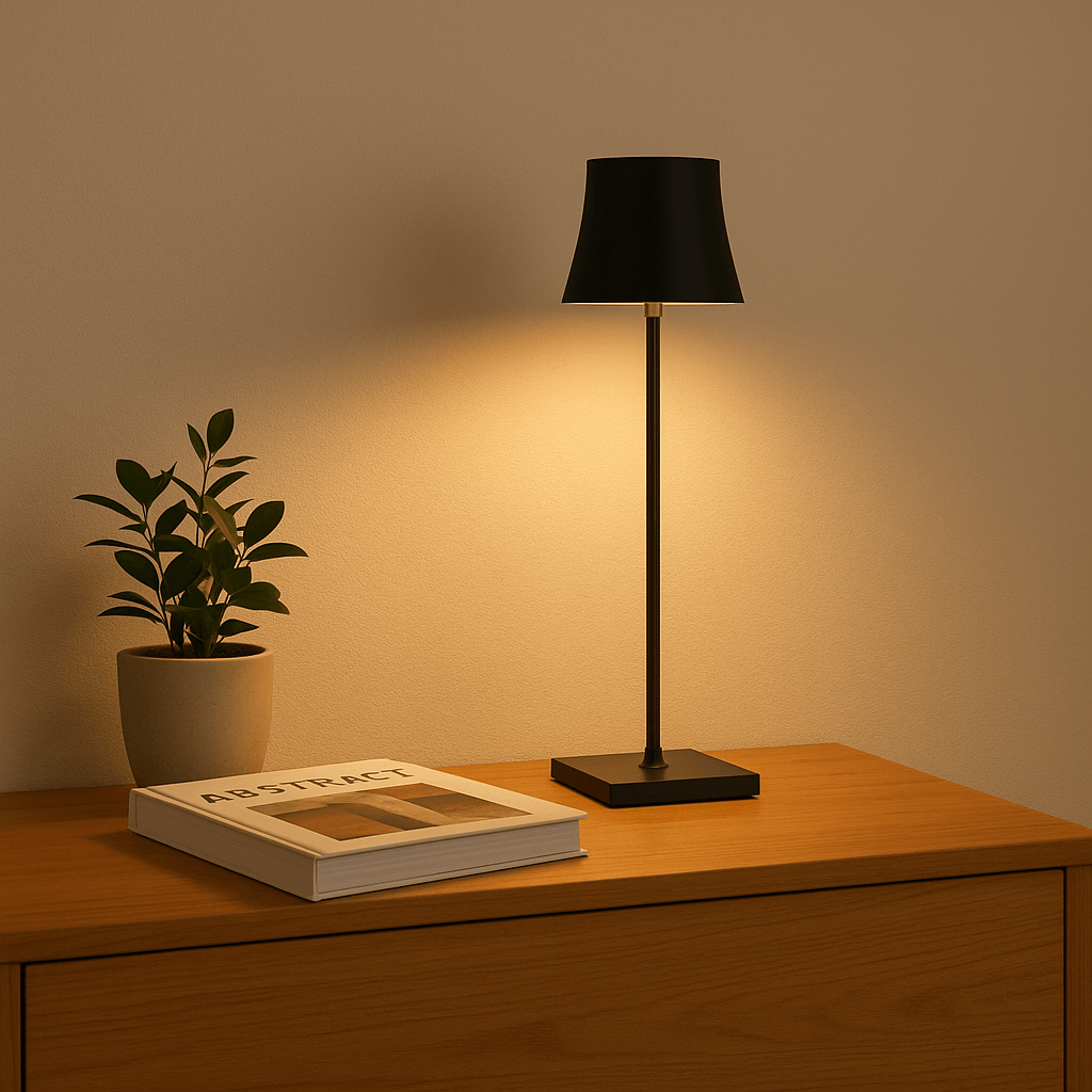 Opladelig bordlampe i sort stående ved lænestol i hyggeligt hjørne med lys beige baggrund