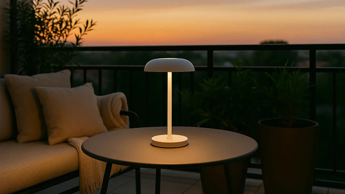 Opladelig lampe i hvid på altanbord – skaber stemning udendørs