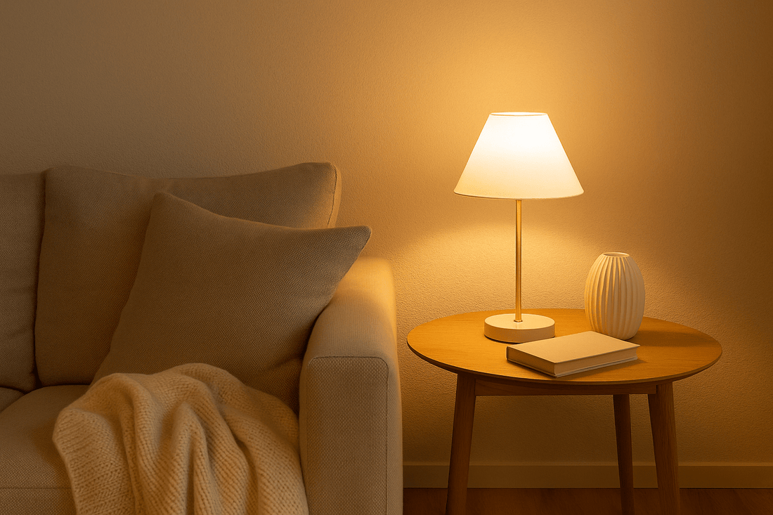 Nordisk indretning med opladelig lampe i stue – hyggebelysning