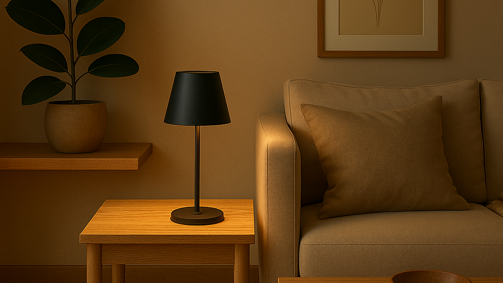 Opladelig lampe på sofabord og vindueskarm – skaber hygge i stuen