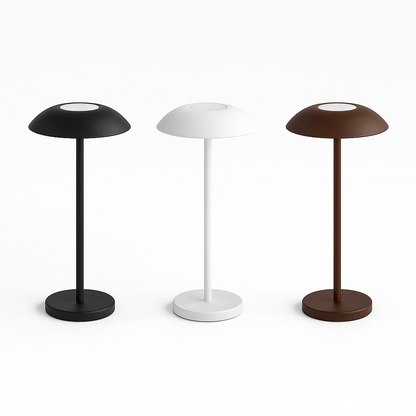 Luna opladelige bordlamper i tre farver – sort, hvid og brun – stilrent nordisk design med touch-dæmpning.