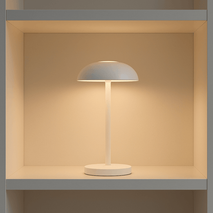 Hvid Luna lampe placeret i reol med lys – minimalistisk og nordisk belysning i stilrent hjem.