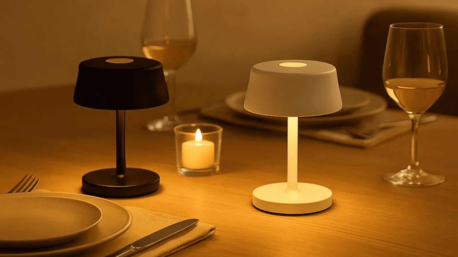 Moderne sort og hvid opladelig lampe på dækket spisebord – Luna Mini-serien fra Boliglampen.dk