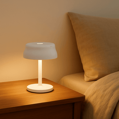 Luna Mini opladelig lampe i hvid på natbord med beige seng i nordisk soveværelse