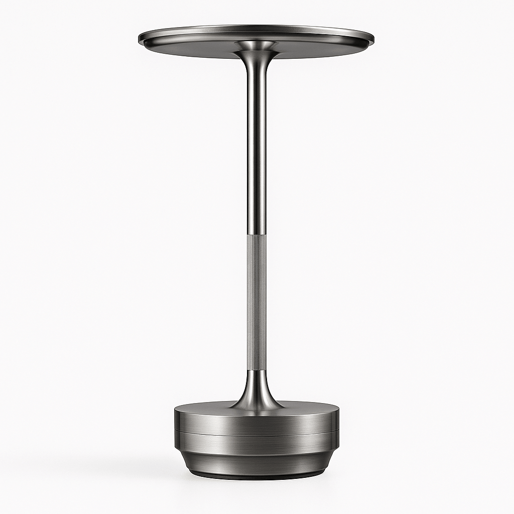 Nordika Classic i børstet sølv – minimalistisk og elegant opladelig bordlampe med rund top og metaldetaljer. Vist på hvid baggrund.