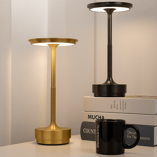 Guld og sort Nordika Classic bordlampe placeret elegant ved bøger og kaffekrus på hvid baggrund.