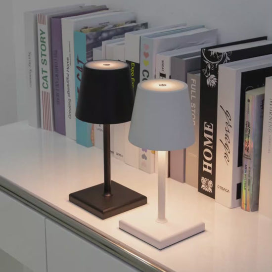 Sigtuna Mini opladelige bordlamper i sort og hvid placeret foran bøger på moderne reol