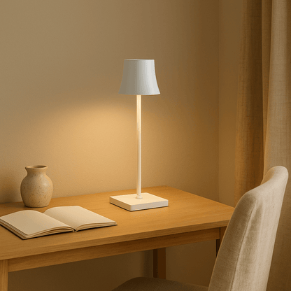 Hvid Sigtuna lampe på hjemmekontor med naturlige materialer og varm stemning